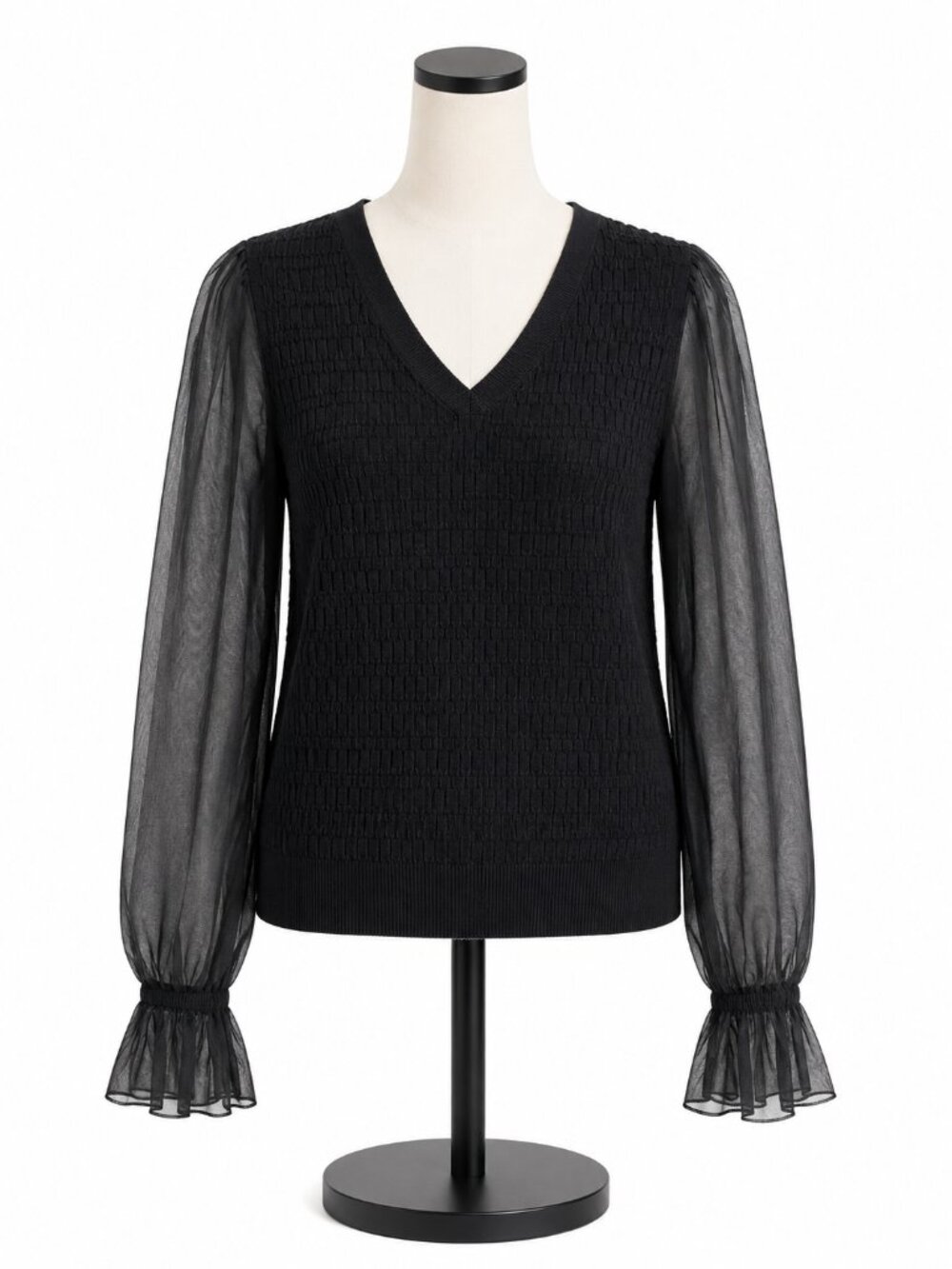 Anthropologie Maeve Sheer Sleeve Top Size Large Black Sweater V Neck
